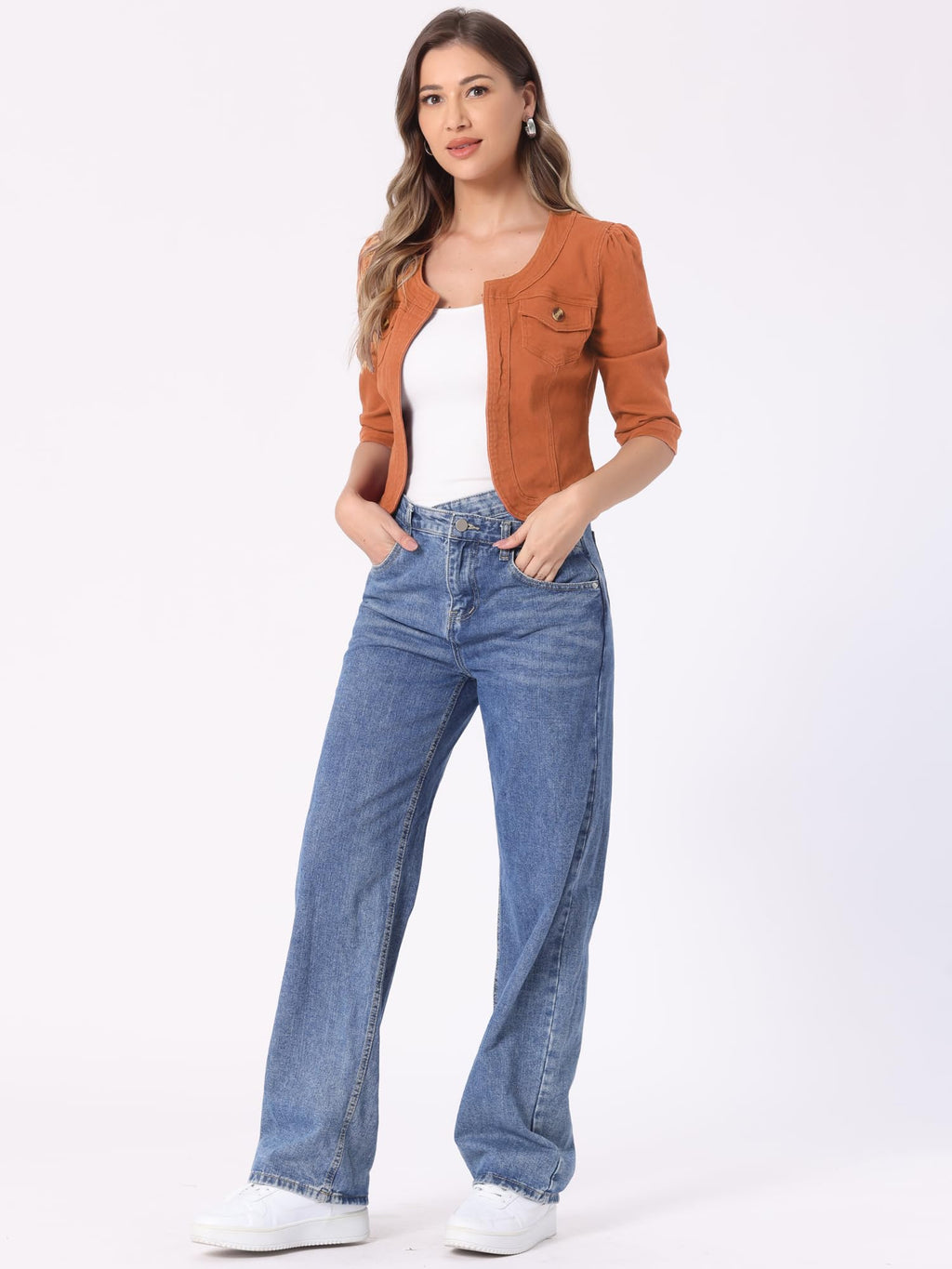 Allegra K Women's Denim Cardigan 3/4 Sleeve Collarless Jean Jackets - Orange