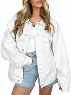 Automet Women's Button Down Oversized Jeans Jacket With Pockets - White