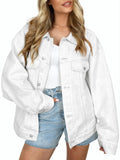 Automet Women's Button Down Oversized Jeans Jacket With Pockets - White