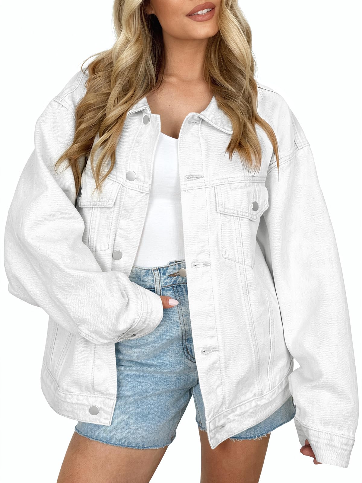 Automet Women's Button Down Oversized Jeans Jacket With Pockets - White