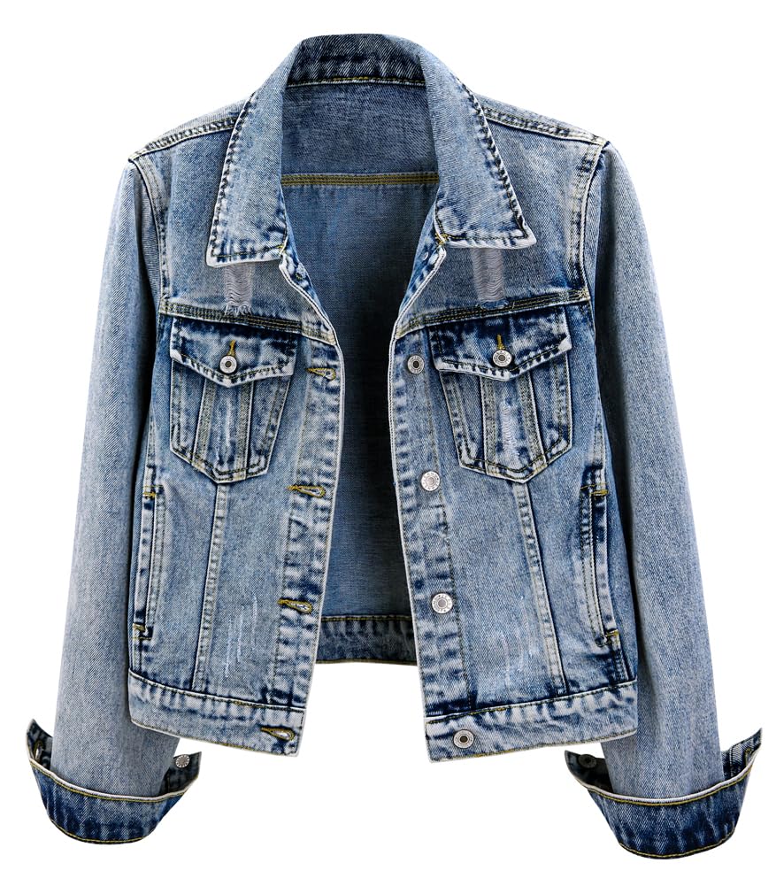 Kedera Denim Jacket For Women Distressed Jean Jackets Button Up Vintage Western Trucker - Snowflake Blue