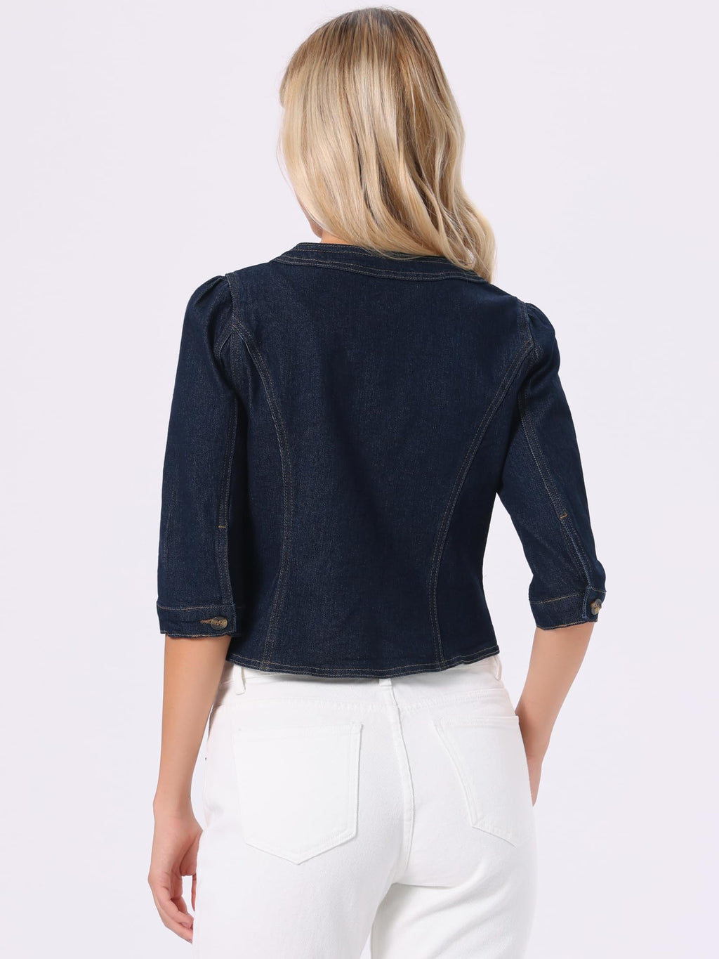 Allegra K Women's Denim Cardigan 3/4 Sleeve Collarless Jean Jackets - Blue