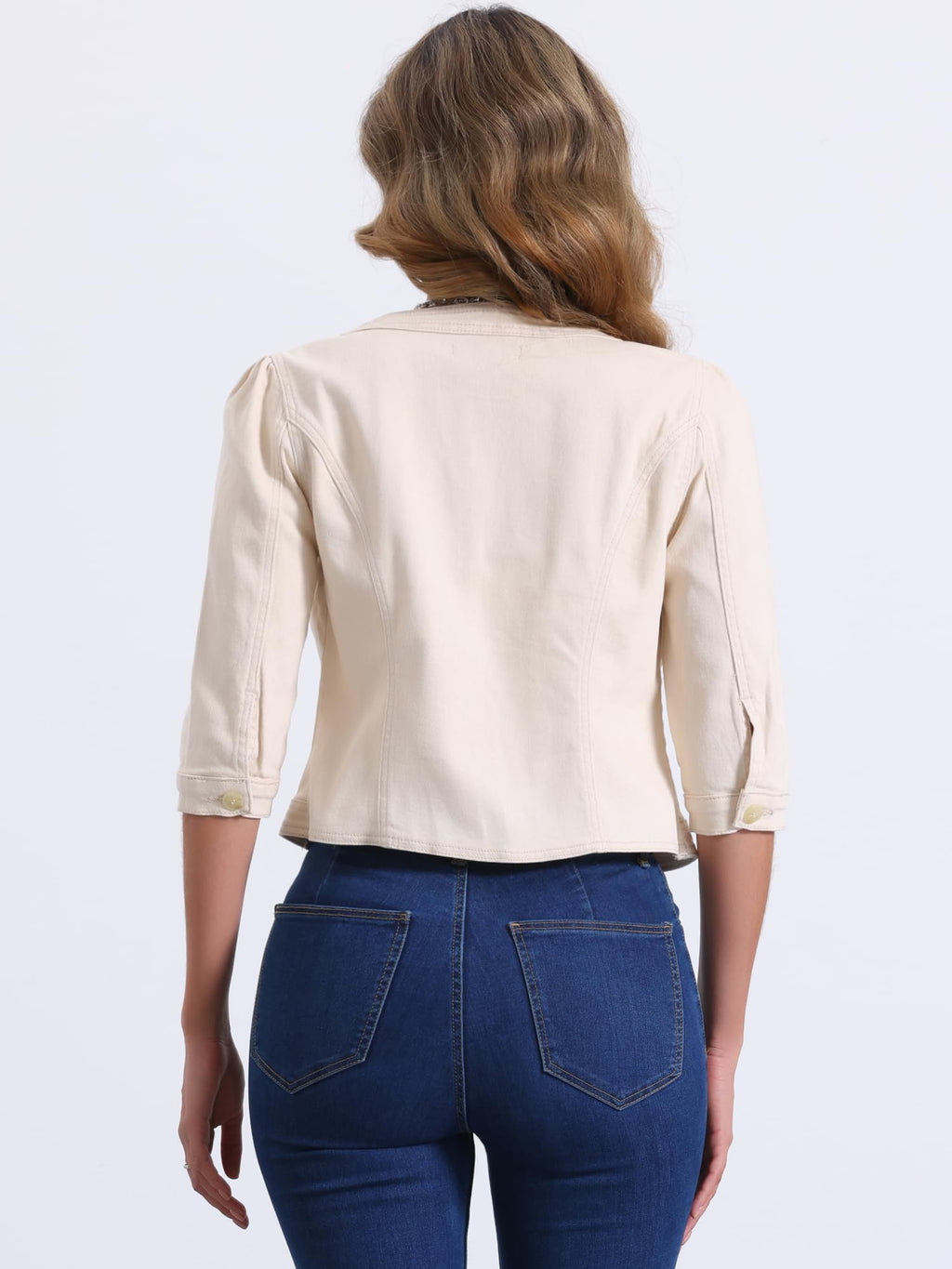 Allegra K Women's Denim Cardigan 3/4 Sleeve Collarless Jean Jackets - Cream