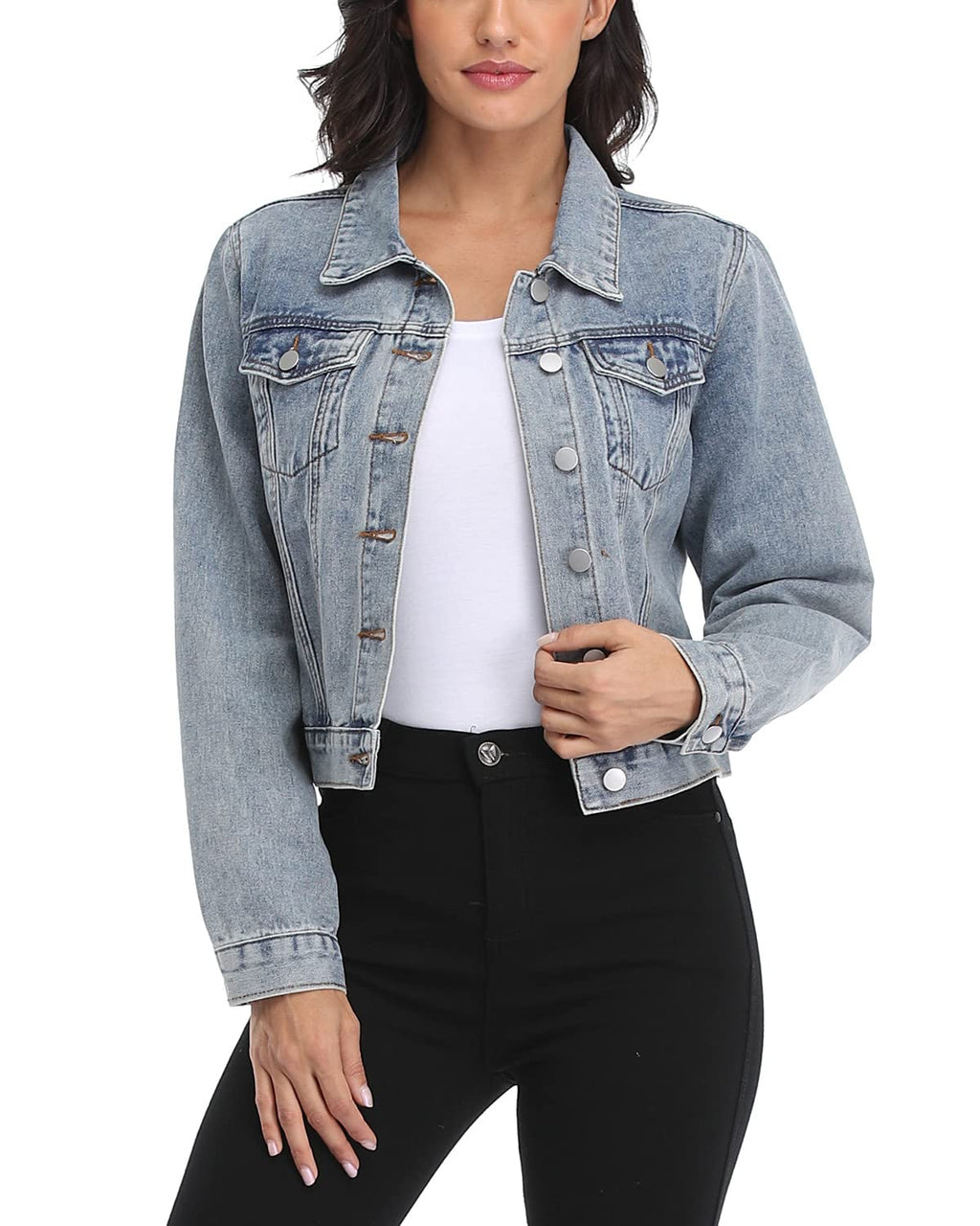 Andy & Natalie Women's Denim Jacket Trendy Long Sleeve Basic Button Down Cropped Jean With Pockets Light Blue X-small