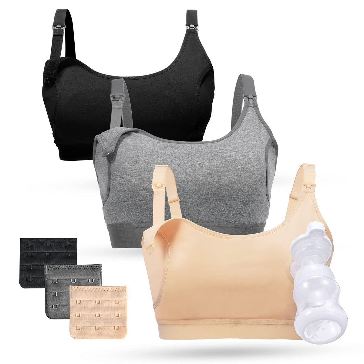 Women's Momcozy Pumping Hands Free, and in One Holding Breast Pump for Spectra, Lansinoh, Medela, Black,grey,skin-3pk, Large Nursing Bra
