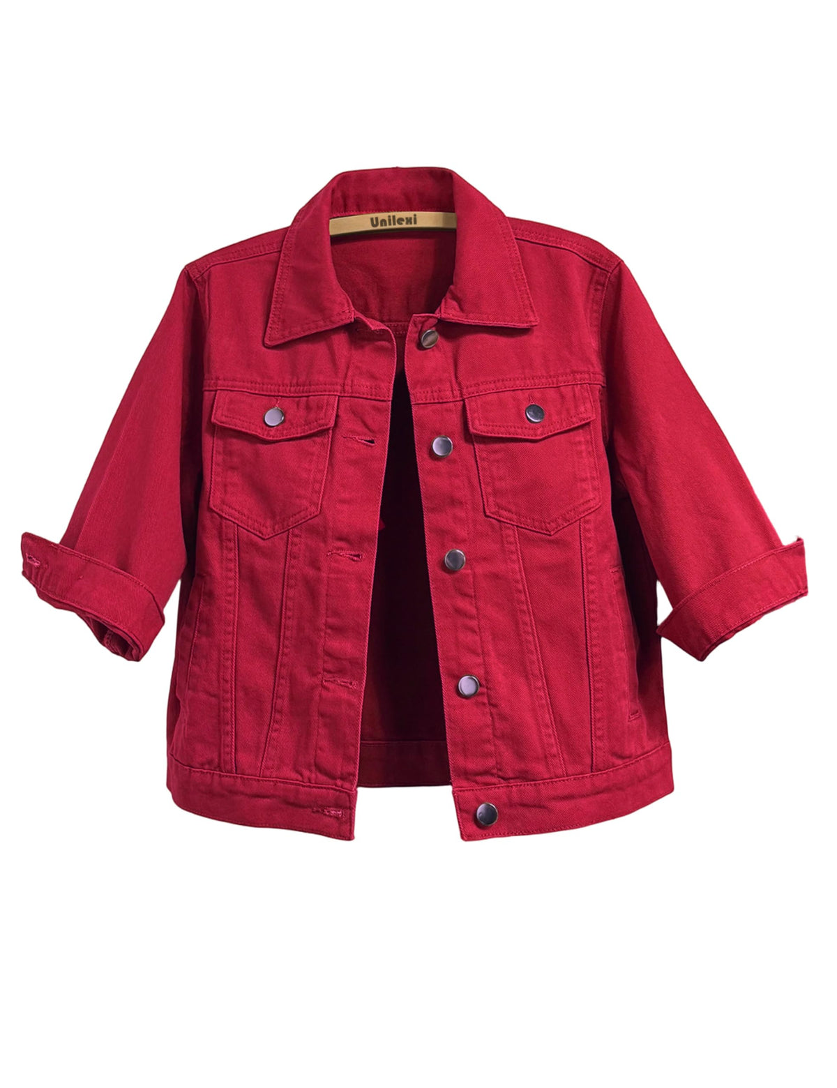 Unilexi Women's 3/4 Sleeve Colored Cropped Denim Jacket Light Wash Short Jean Trucker Coat(0098-truered-l)