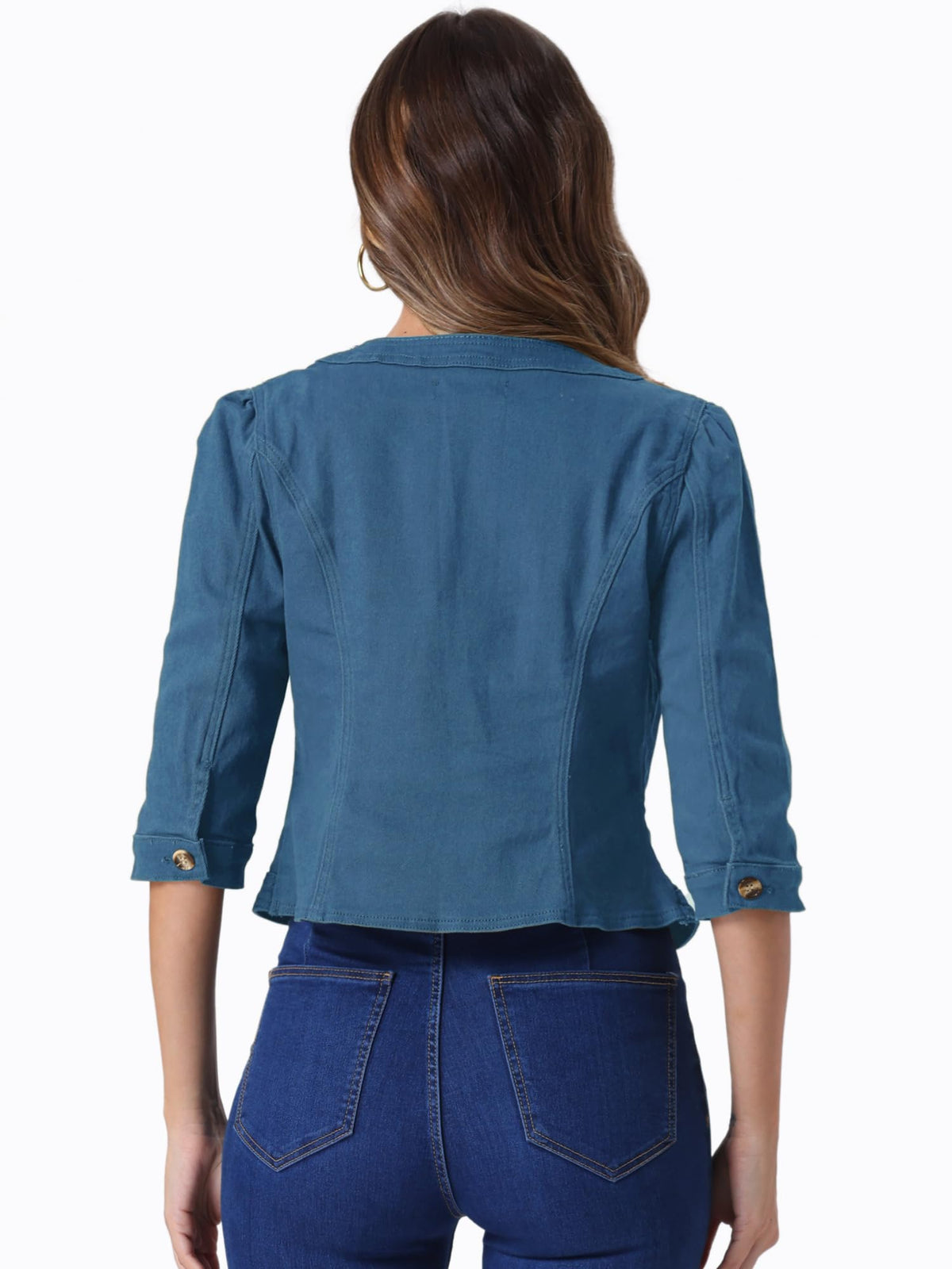 Allegra K Women's Denim Cardigan 3/4 Sleeve Collarless Jean Jackets - Peacock Blue