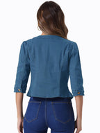 Allegra K Women's Denim Cardigan 3/4 Sleeve Collarless Jean Jackets - Peacock Blue