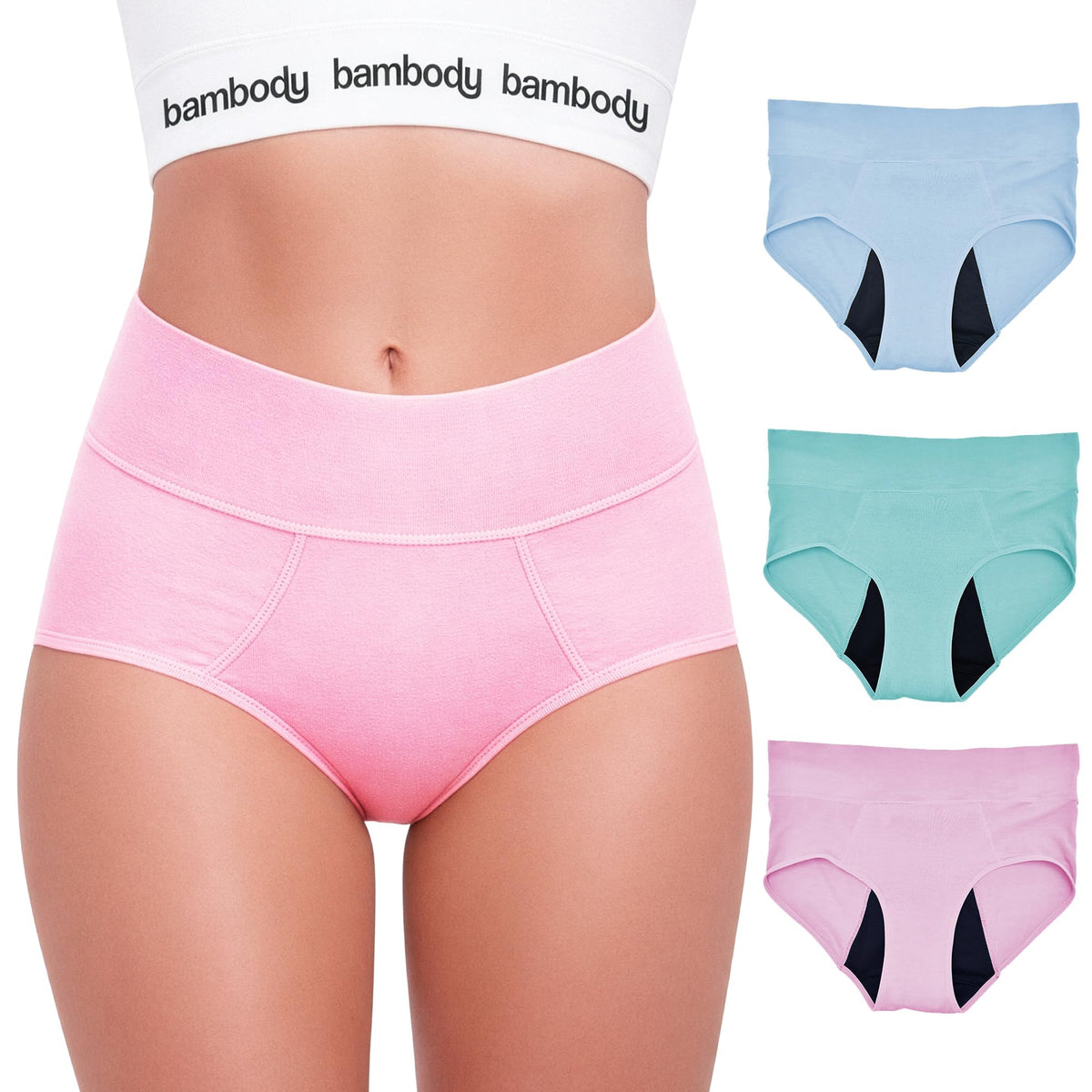 Bambody Period for Women's Absorbent Maternity & Postpartum W/silky Smooth Breathable Fabric Medium, 3 Pack Pink Blue Green Panties