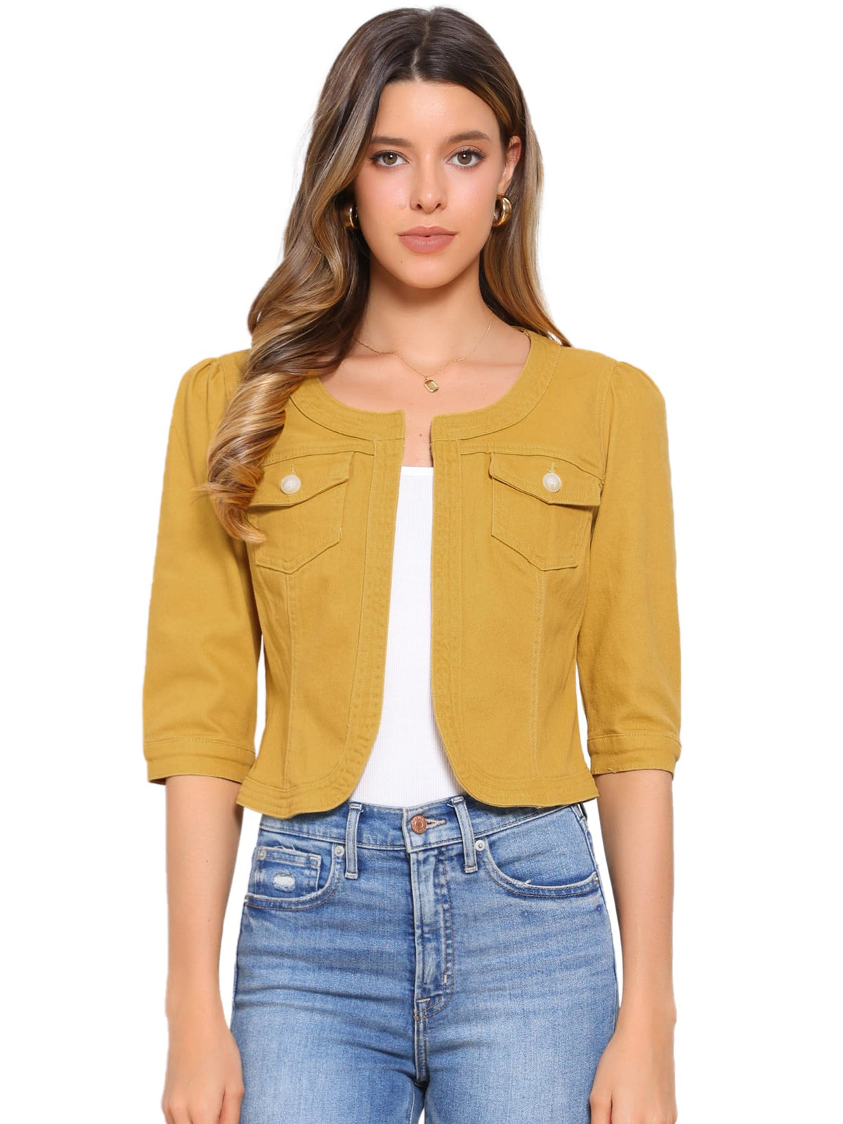 Allegra K Women's Denim Cardigan 3/4 Sleeve Collarless Jean Jackets - Yellow