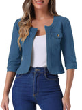 Allegra K Women's Denim Cardigan 3/4 Sleeve Collarless Jean Jackets - Peacock Blue