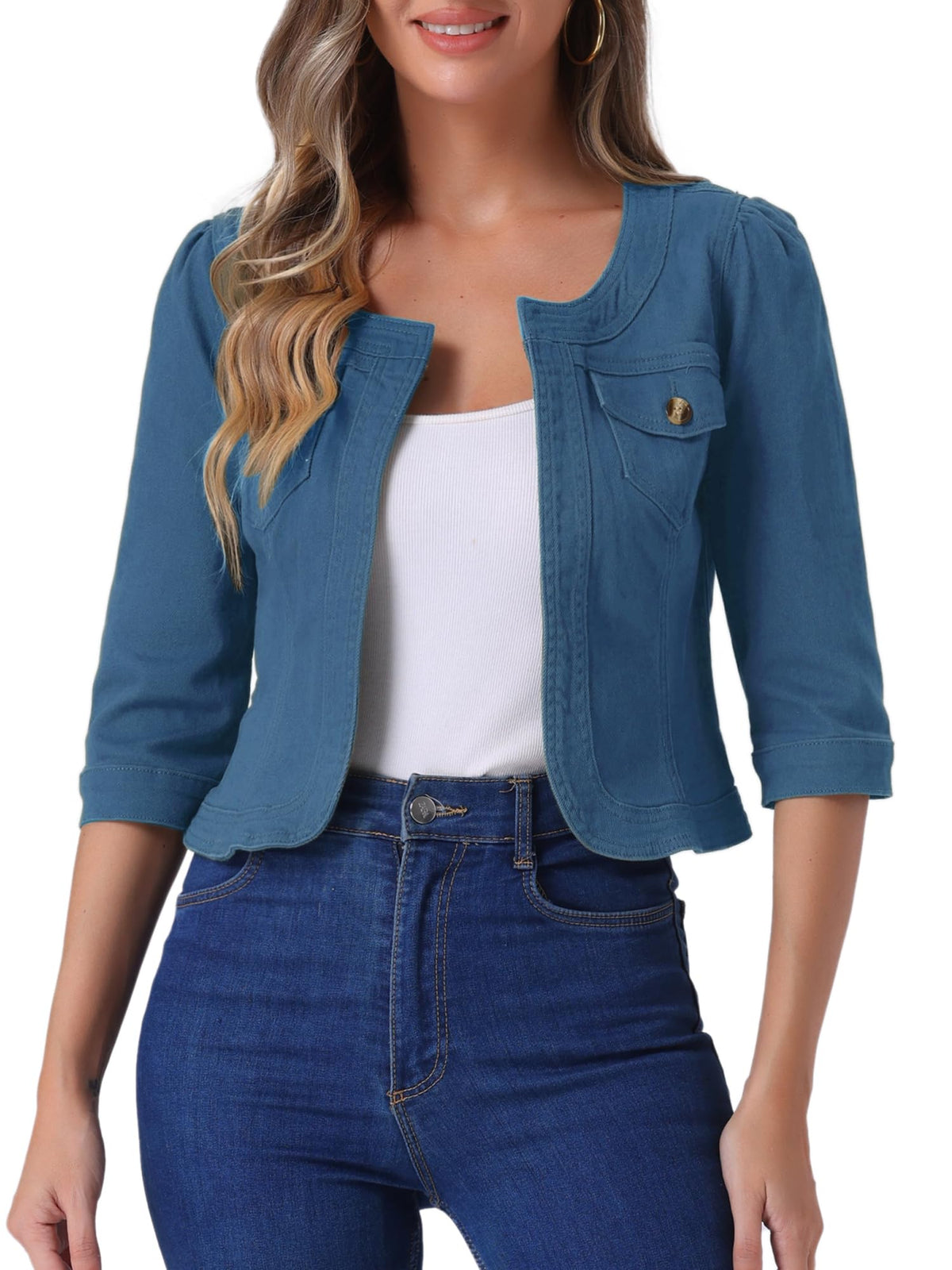 Allegra K Women's Denim Cardigan 3/4 Sleeve Collarless Jean Jackets - Peacock Blue
