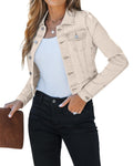Luvamia Women's Fashion Long Sleeve Button Down Stretchy Jean Jacket - Denim Cropped - Rodeo Outfit - Light Beige - Size X-large / 16-18