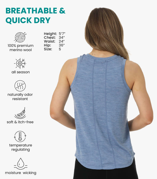 100% Merino Wool Tank Top Women - Active Sleeveless Undershirt Base Layer (Large, H: Deep Blue)