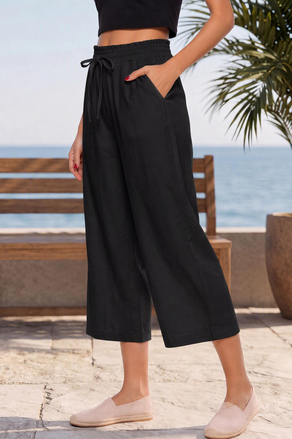 Lnx Women's Linen Pants Wide-Leg High-Waisted Capri With Pockets