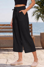 Lnx Women's Linen Pants Wide-Leg High-Waisted Capri With Pockets