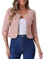 Allegra K Women's Denim Cardigan 3/4 Sleeve Collarless Jean Jackets - Pink