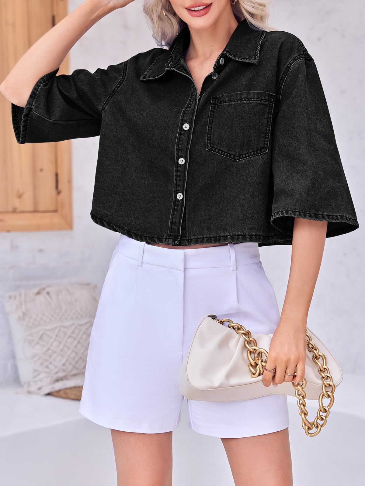 Tankaneo Womens Denim Top Shirt Half Sleeve Button Down Cropped Jean Jacket - Black