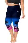 Plus Size Pink Blue Gradient Swim Pants for Women Sun Protective Swim Shorts Quick Dry Coconut Tree Print Capris 4X