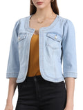 Allegra K Women's Denim Cardigan 3/4 Sleeve Collarless Jean Jackets - Sky Blue