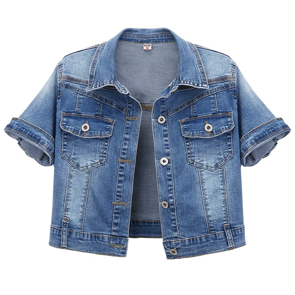 Omoone Women's Summer Short Sleeve Crop Denim Trucker Jacket Jean Coat Tops(darkblue-xxl) - Dark Blue