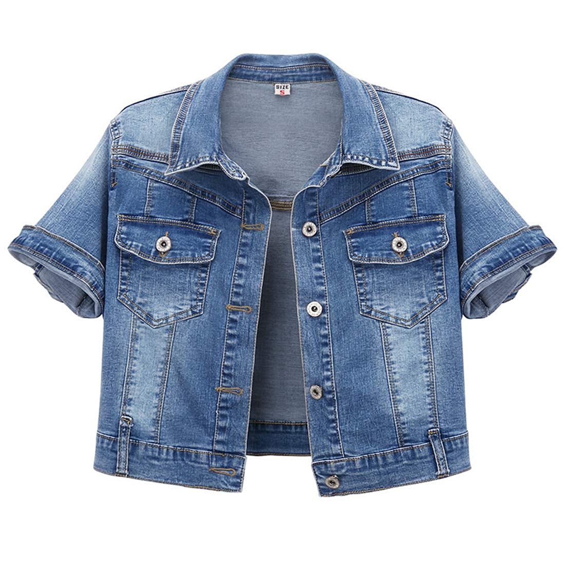 Omoone Women's Summer Short Sleeve Crop Denim Trucker Jacket Jean Coat Tops(darkblue-xxl) - Dark Blue