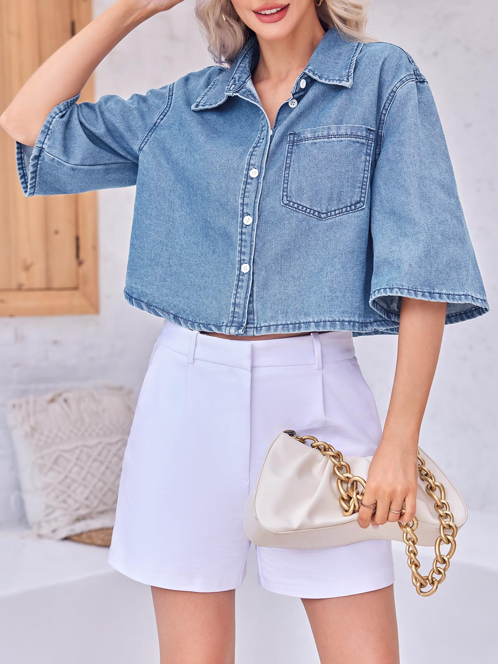 Tankaneo Womens Denim Top Shirt Half Sleeve Button Down Cropped Jean Jacket - Light Blue