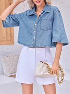 Tankaneo Womens Denim Top Shirt Half Sleeve Button Down Cropped Jean Jacket - Light Blue