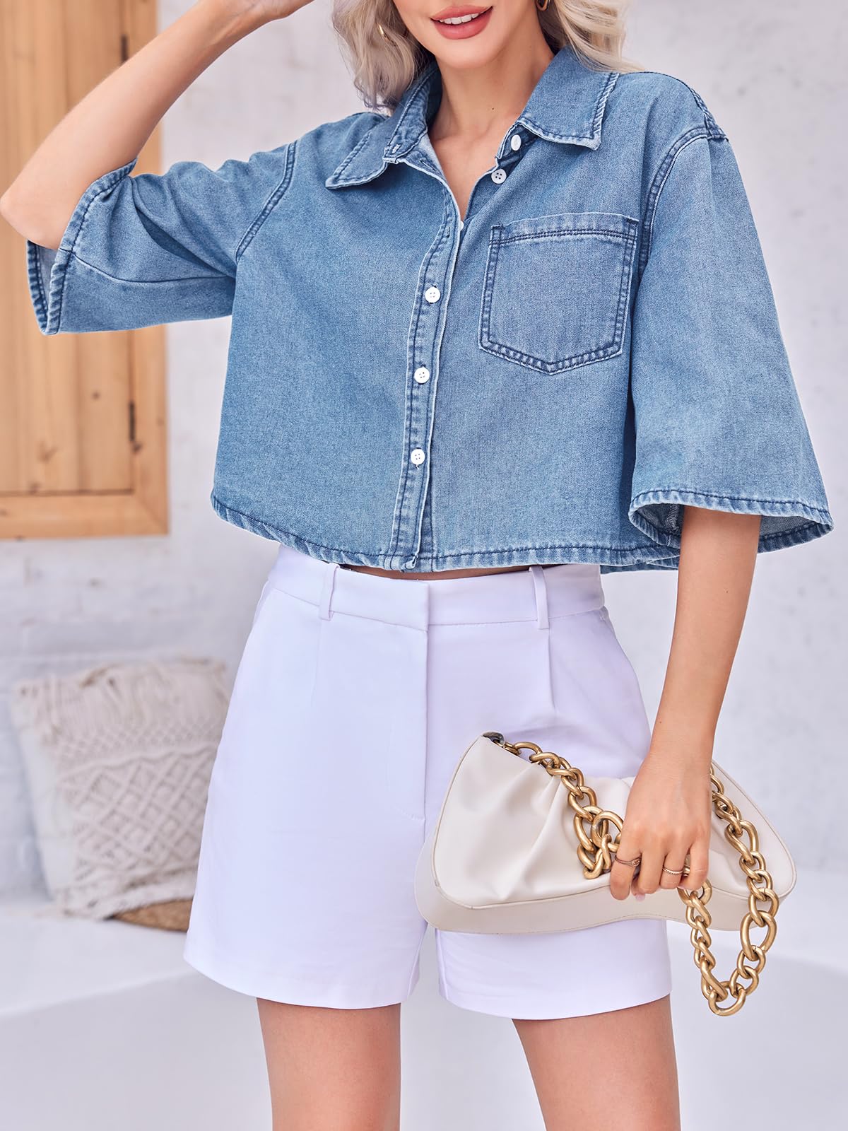 Tankaneo Womens Denim Top Shirt Half Sleeve Button Down Cropped Jean Jacket - Light Blue