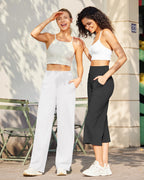 G4free Wide-Leg Pants For Women With Pockets Stretch White M Petite