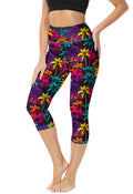 Deerose UV Leggings Protection Swim Pants for Women Colourful Palm Tree Surfing Capris Elastic Rash Guard M