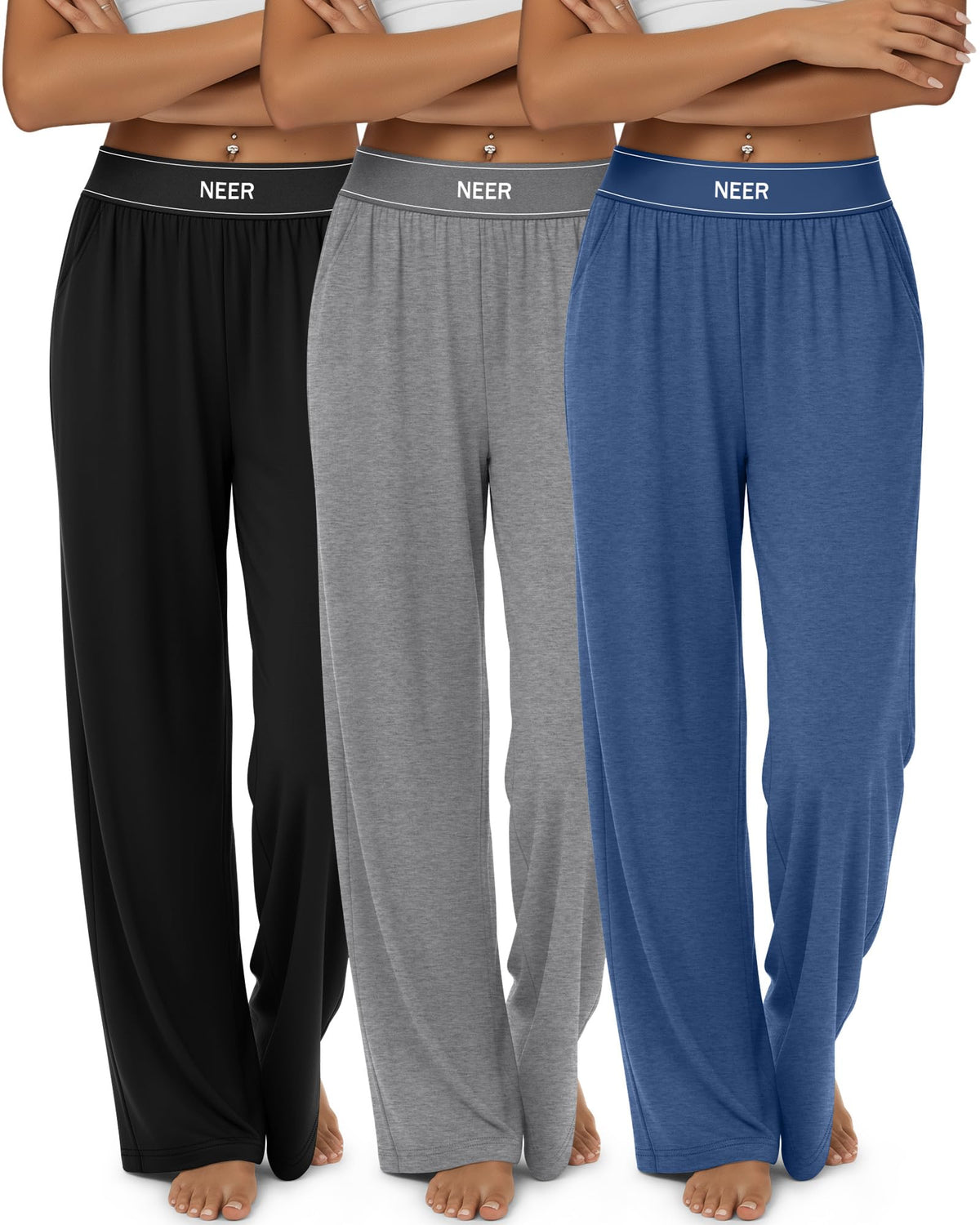 Neer 3 Pack Women's Cotton Lounge High-Waisted Pants - Style 15