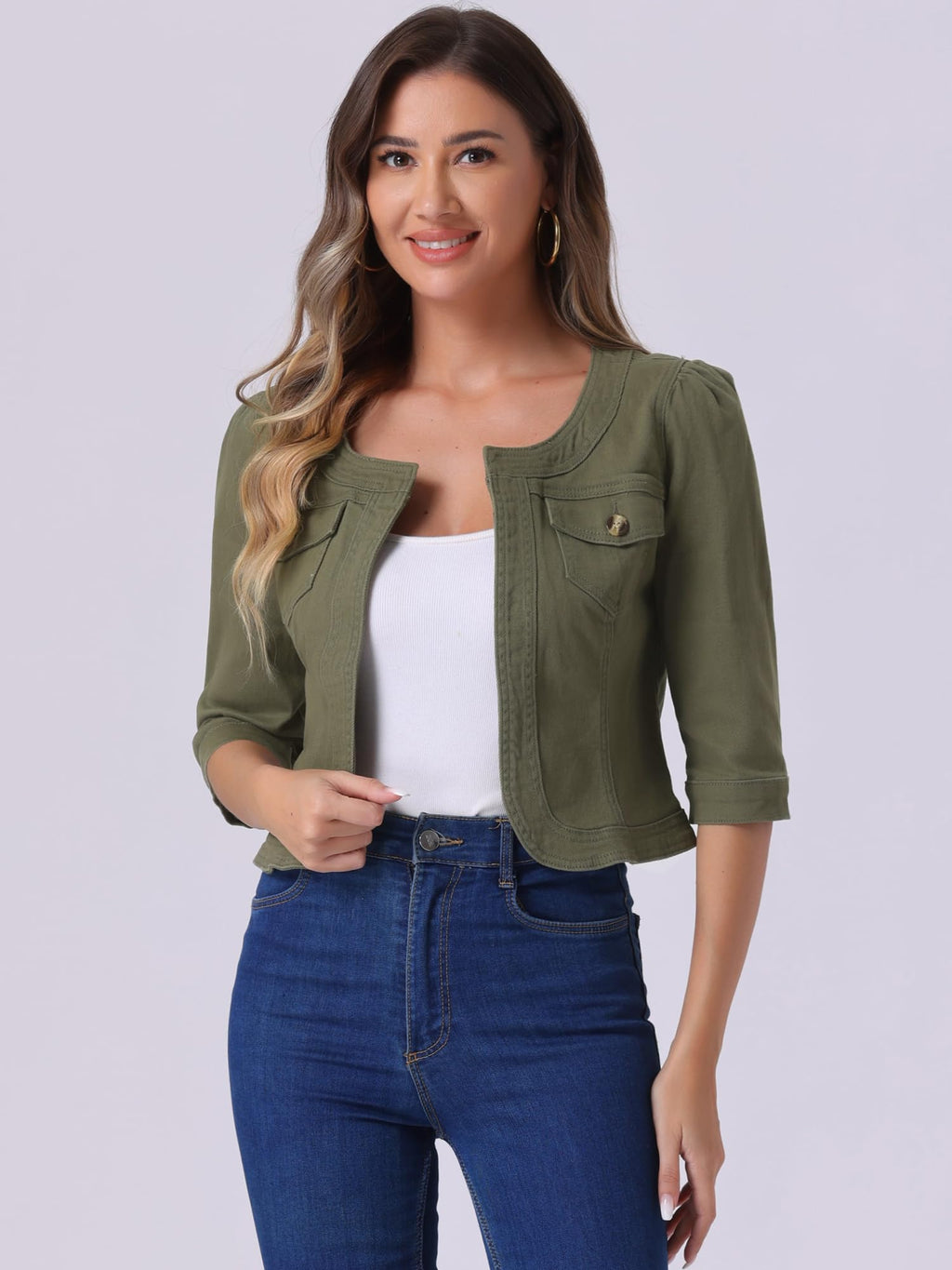 Allegra K Women's Denim Cardigan 3/4 Sleeve Collarless Jean Jackets - Army Green