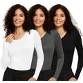 3 Pack Underscrub Long Sleeve Women, Undershirt, Black/White/Dark Grey, 2XS