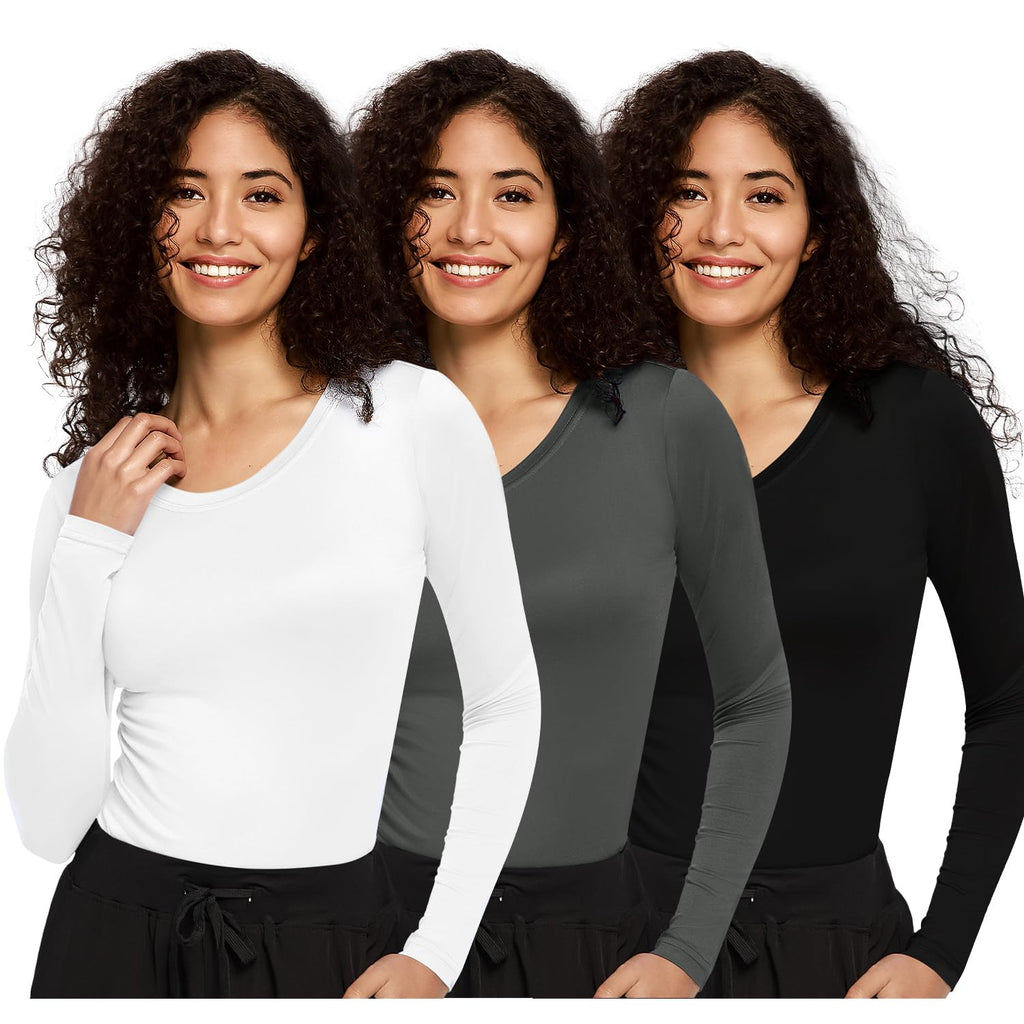 3 Pack Underscrub Long Sleeve Women, Undershirt, Black/White/Dark Grey, S