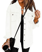 Vetinee Women's Oversized Boyfriend Brilliant White Front Button Up Frayed Raw Hem Long Sleeve Pockets Denim Jean Jacket Shacket X-small