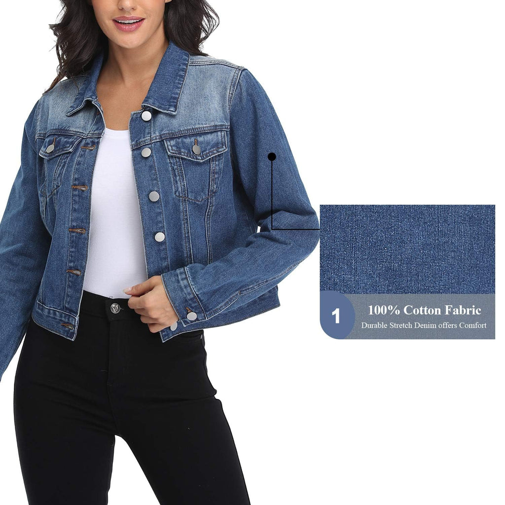 Andy & Natalie Women's Denim Jacket Fashion Long Sleeve Basic Button Down Crop Jean Jackets With Pockets Dark Blue Small