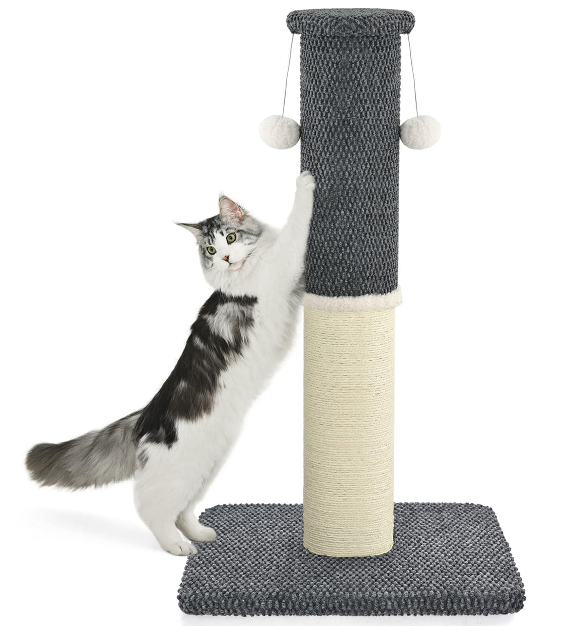 Made4Pets Tall Cat Scratching Post, Heavy Duty and Thicker Scratching Posts for Indoor Cats Adults, 33" Natural Sisal Cat Scratcher with Hanging Balls, Sturdy Base Cat Scratch Post, Dark Grey