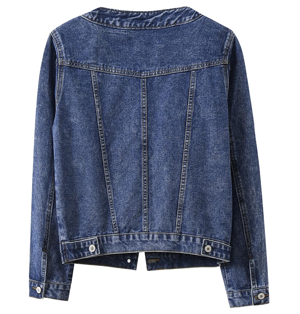 Kedera Jean Jacket Women Collarless Button Down Long Sleeve Western Denim Country Concert Outfits - Wash Dark Blue