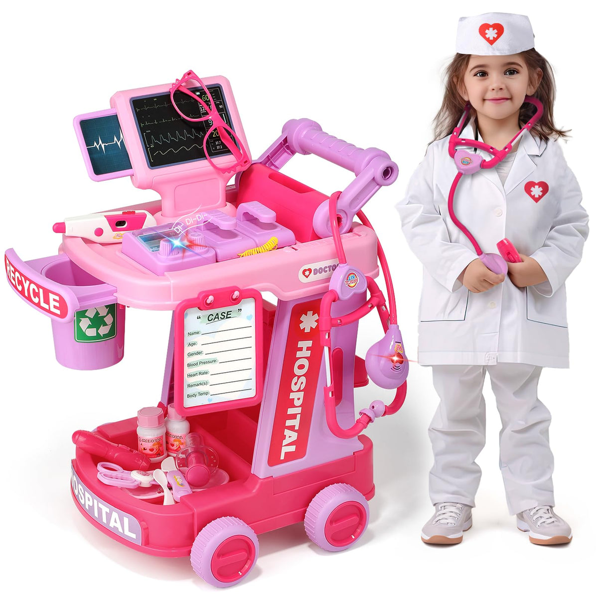 Liberry Doctor Kit for Toddlers Ages 2 3 4 5, Pretend Kids Doctor Playset with Cart, Costume and Stethoscope, Role Play Medical Toys Birthday Gift for Girls Boys (Pink)