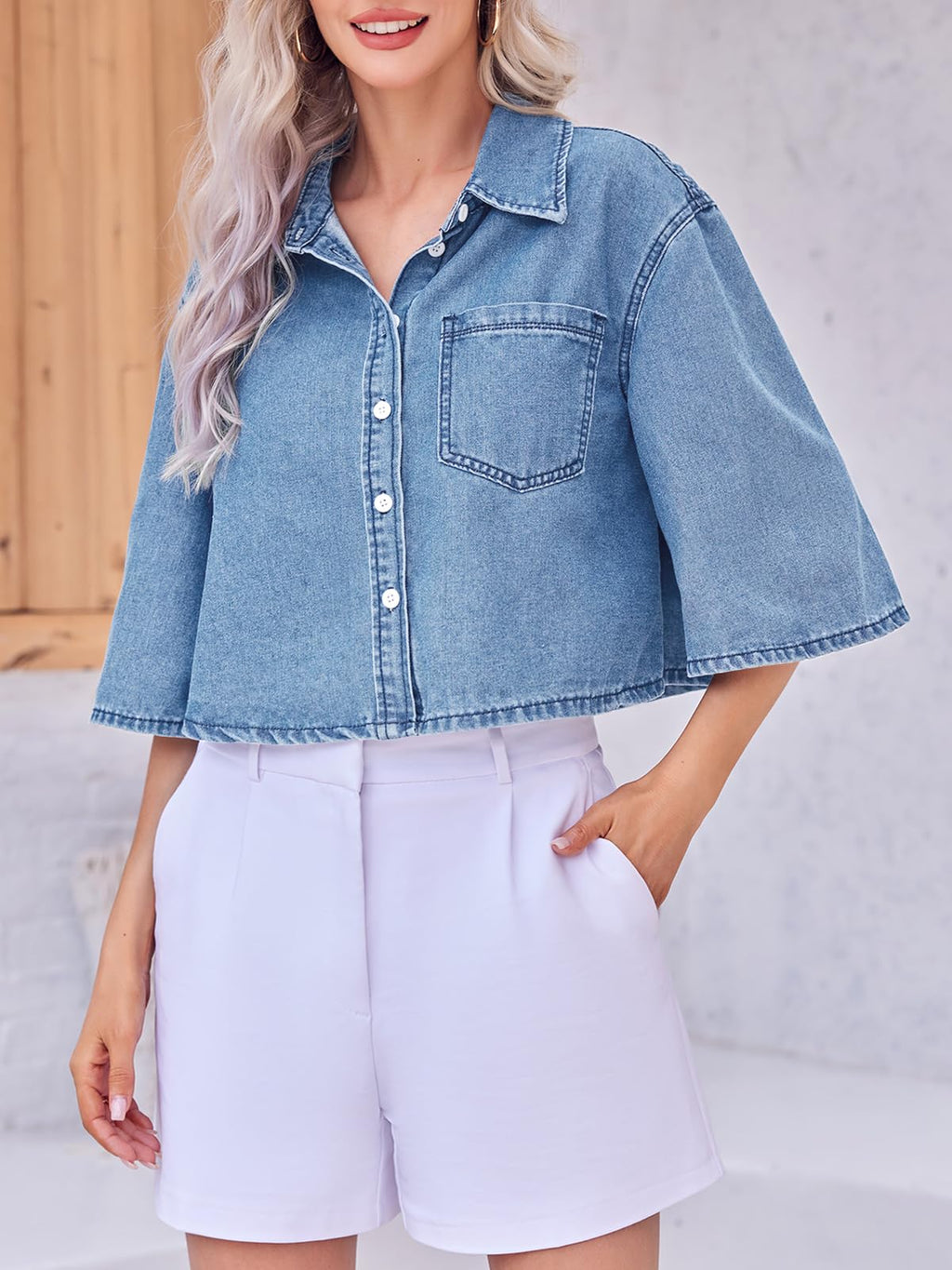 Tankaneo Womens Denim Top Shirt Half Sleeve Button Down Cropped Jean Jacket - Light Blue
