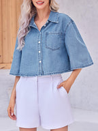 Tankaneo Womens Denim Top Shirt Half Sleeve Button Down Cropped Jean Jacket - Light Blue