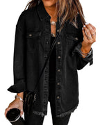 Vetinee Women's Country Outfits For Women Oversized Boyfriend True Black Front Button Up Frayed Raw Hem Long Sleeve Pockets Denim Jean