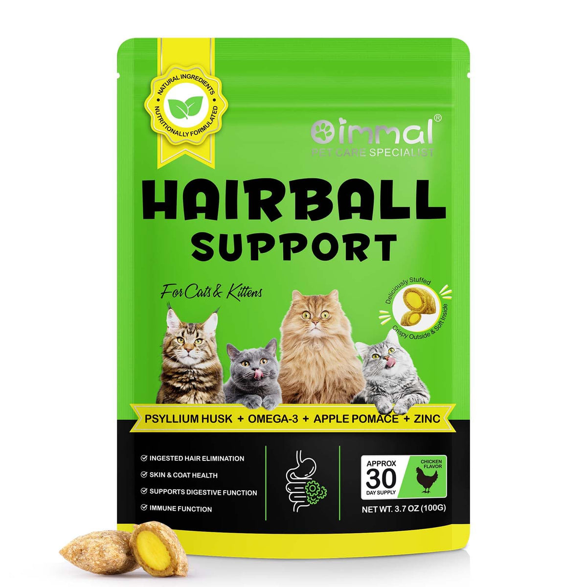 Cat Hairball Support Crunchy & Creamy Chews,Omega 3 & Zinc for Healthy Skin & Coat, Tasty Chicken Flavor,Supports Skin & Coat, Digestion,30-Day Supply
