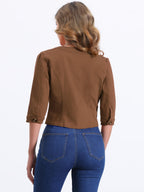 Allegra K Women's Denim Cardigan 3/4 Sleeve Collarless Jean Jackets - Brown