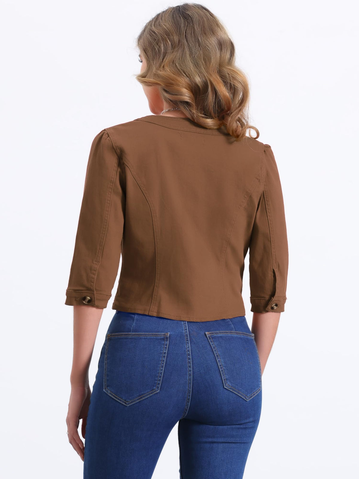 Allegra K Women's Denim Cardigan 3/4 Sleeve Collarless Jean Jackets - Brown