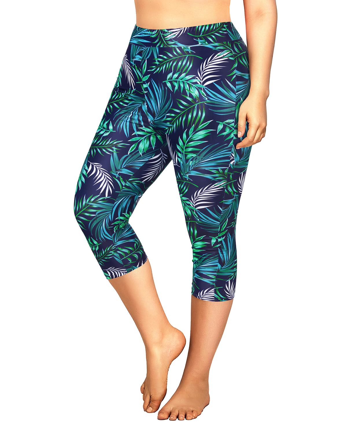 Women Navy Leaf Plus Size Rash Guard Pant High Waisted Long Swim Capris 22W
