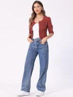 Allegra K Women's Denim Cardigan 3/4 Sleeve Collarless Jean Jackets - Brick Red