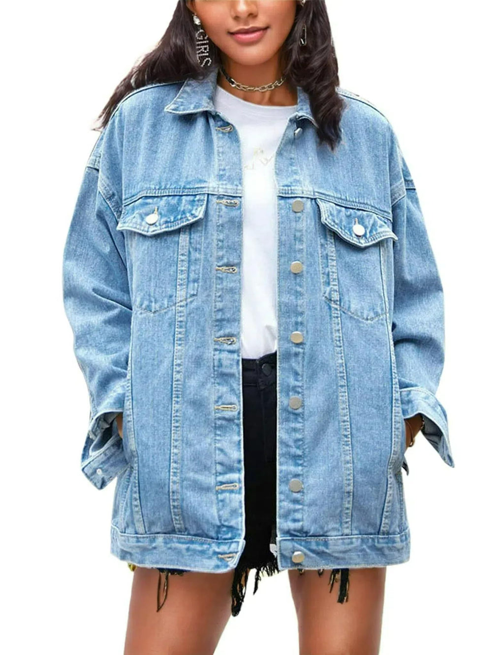 Omoone Women's Oversized Mid Long Denim Jacket Jean Biker Coat (denim Bluex1, X-small)