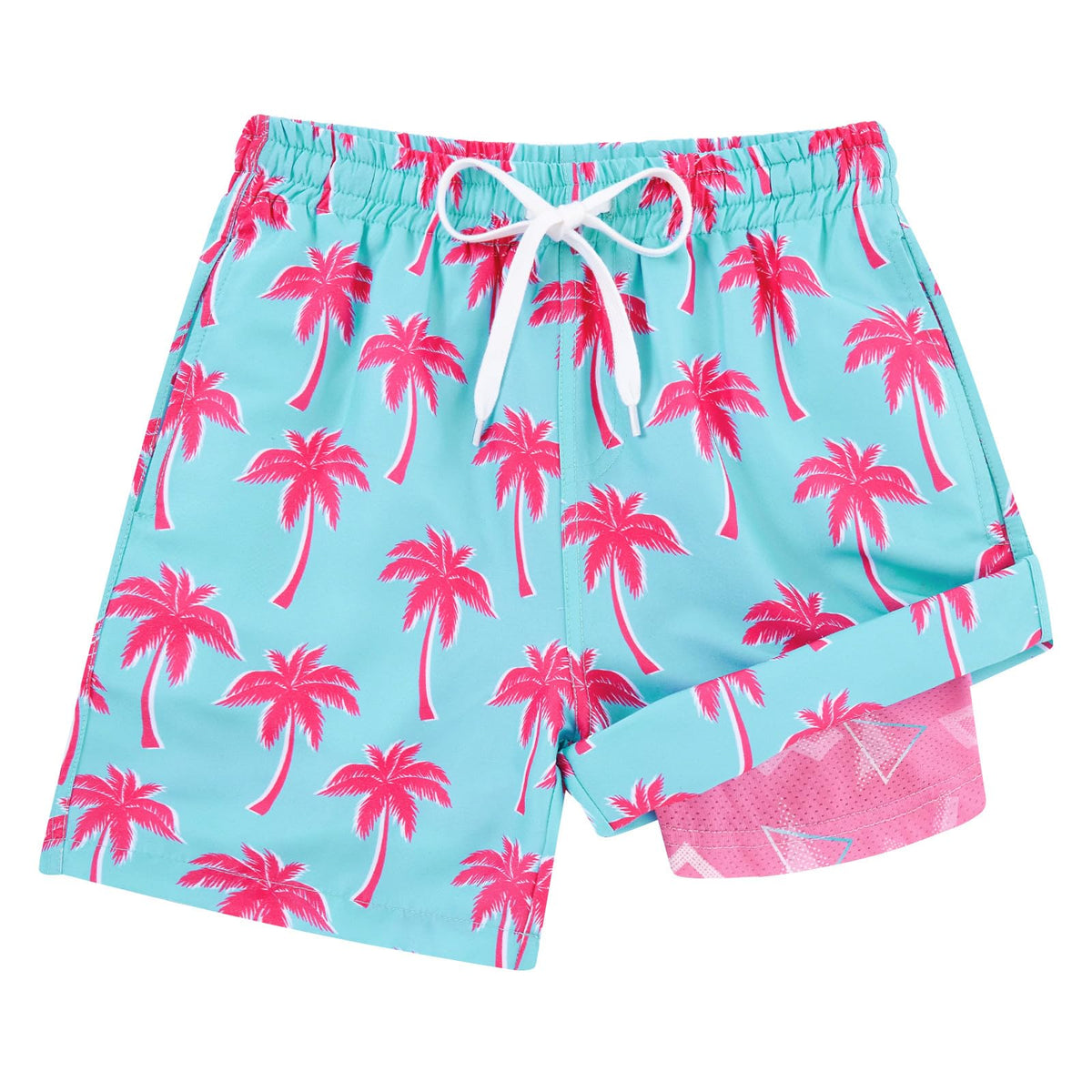 Cozople Bathing Suits for Teens Funny Hawaii Stylish Swim Trunks with Compression Liner Swimwear Pink Palm Tree Swim Shorts Drawstring Surf Swimming Trunks Swimsuit Size 18-20
